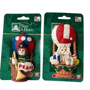 Set - Vintage Kmart Trim A Home Ornaments Santa Bugler in Hot Air Balloon HTF